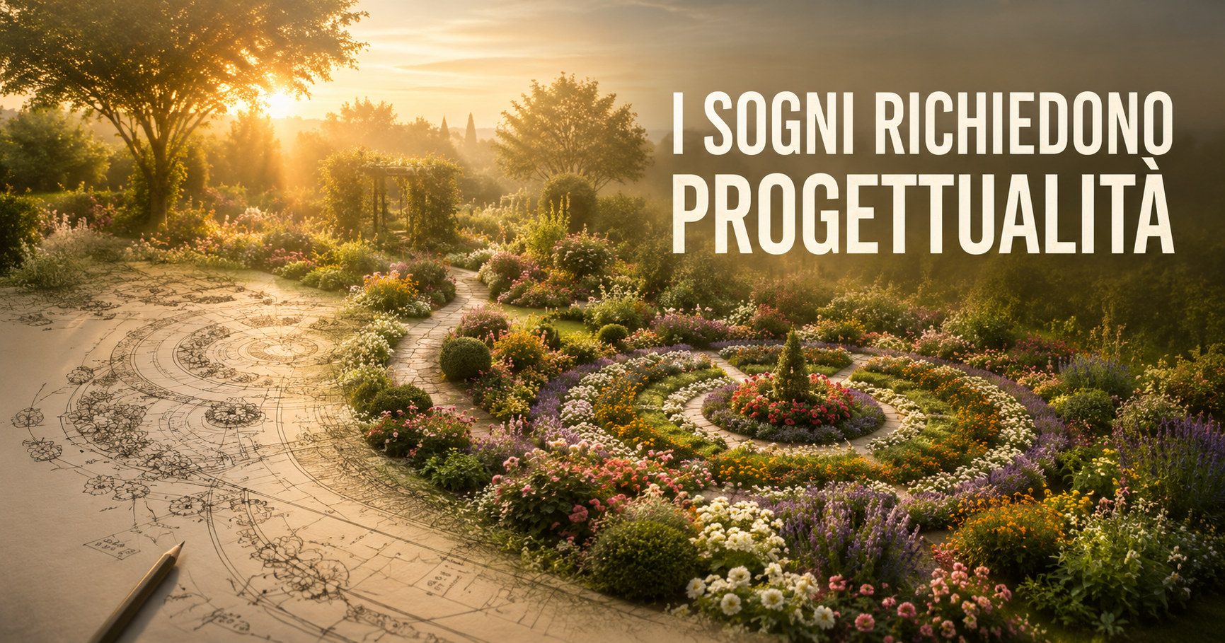 Progetto di un giardino che si trasforma in un’aiuola fiorita, simbolo dei sogni che richiedono progettualità.